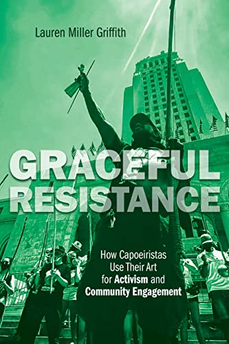 Book cover: a capoeirista raising weapons amidst a protest crowd.
