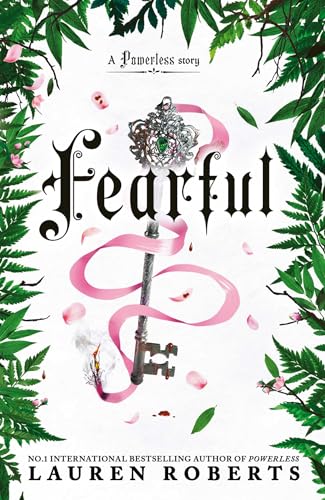 Book cover titled Fearful featuring an ornate key, pink ribbon, and green fern borders.