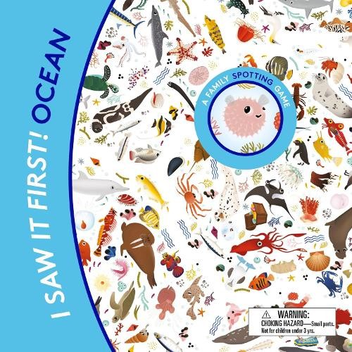 Colorful illustration of ocean creatures for a family spotting game.