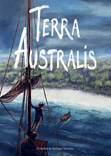 Book cover: sailor on a ship’s mast, coastal landscape, stormy sea.