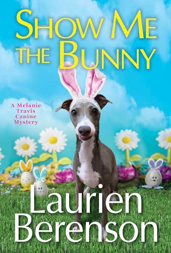 Book cover: grey whippet with bunny ears, flowers, and Easter eggs.