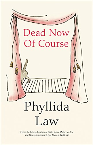 Book cover: "Dead Now Of Course" with a drawn curtain and squirrel.