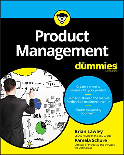 Book cover: "Product Management For Dummies" with a person sketching ideas.