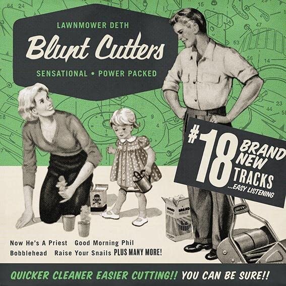 Vinyl record cover for Lawnmower Deth’s “Blunt Cutters” with vintage family illustration.