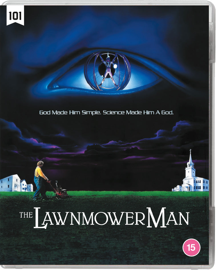 Lawnmower Man" Blu-ray cover featuring an eye and a man mowing a lawn.