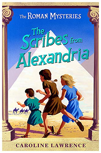 Book cover: three children running towards pyramids in ancient Egypt.