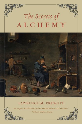 Book cover: “The Secrets of Alchemy” with a painting of an alchemist’s workshop.