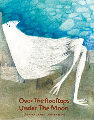 A large white bird stands over rooftops against a blue moonlit sky.