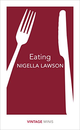 "Book cover with red background, white fork and knife, and 'Eating' by Nigella Lawson."