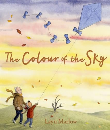 Watercolor illustration of a child and grandparent flying a blue kite.