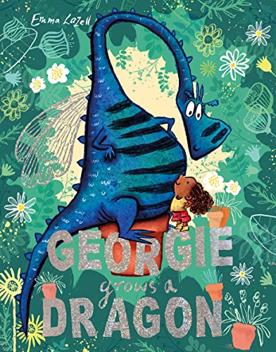 A child stands next to a large blue dragon emerging from a flower pot.