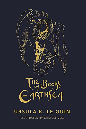 Gold line art of a dragon and figure on a dark blue book cover.