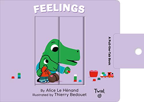 Purple children’s book cover with two green dinosaur characters and pull-tab feature.