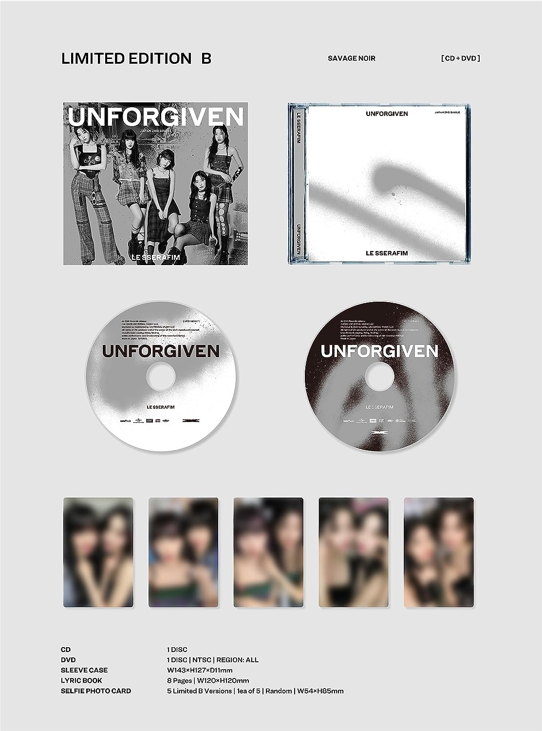 "LE SSERAFIM UNFORGIVEN CD set with booklet, discs, and photo cards on gray background."