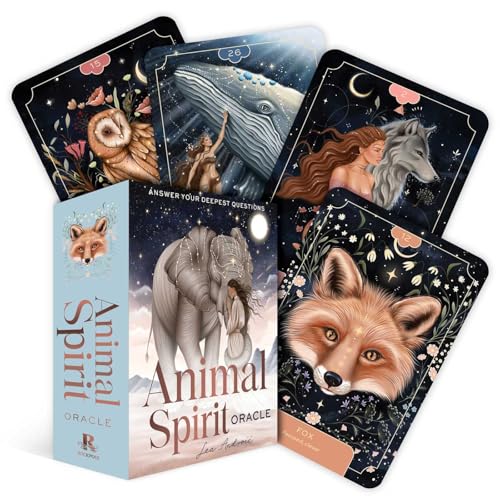 Animal Spirit Oracle deck box and cards featuring illustrations of animals and celestial themes.