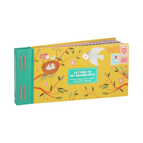 Yellow book titled Letters to My Grandchild with bird, nest, and envelope illustrations.