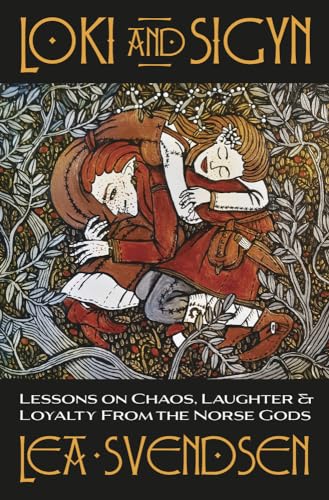 Book cover depicting Loki and Sigyn embracing amidst floral patterns.