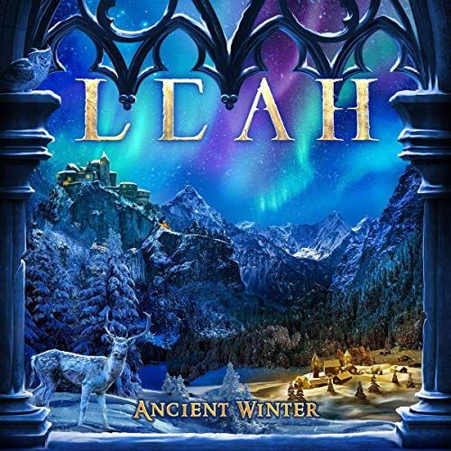 CD cover: snowy mountains, castle, deer, and aurora borealis framed by arches.