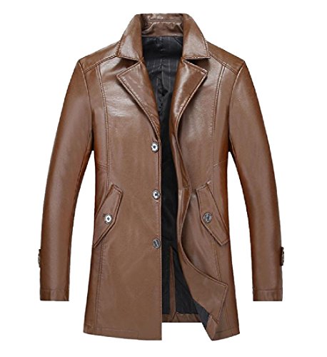 Beige, mid-length PU leather trench coat with a large lapel.
