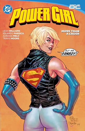 Comic book cover featuring Power Girl in a leather vest, looking over her shoulder.