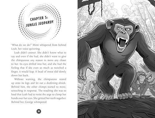 Black and white illustration of a snarling chimpanzee standing in a jungle setting.