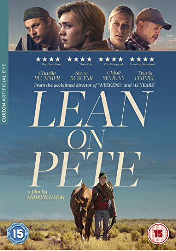 "DVD cover for 'Lean On Pete' showing a man walking a horse in a field."