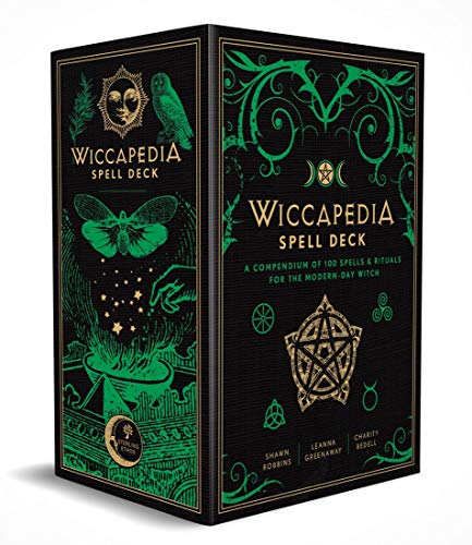 Black box set with green foil details, titled "Wiccapedia Spell Deck".