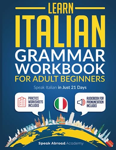 “Learn Italian Grammar Workbook” cover with Italian flag, landmarks, and audio icon.