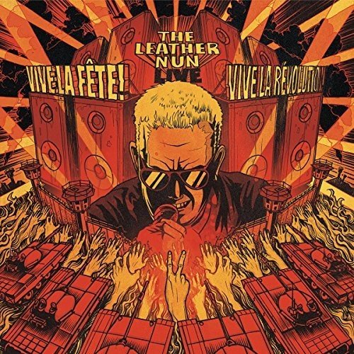 Vinyl album cover featuring a man with sunglasses surrounded by flames and speakers.