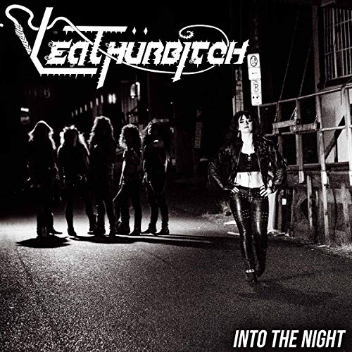 Black and white band photo with the Leathürbitch logo on a dark street.