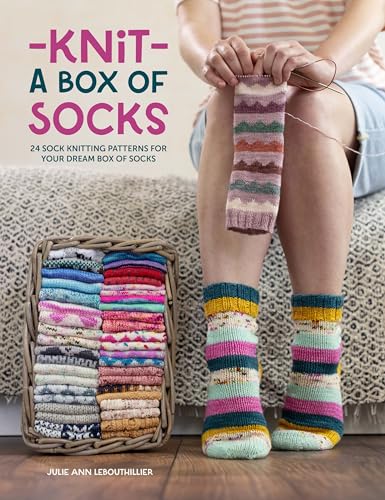 Book with sock knitting patterns, colorful cover, multiple sock images, and knitting instructions inside.