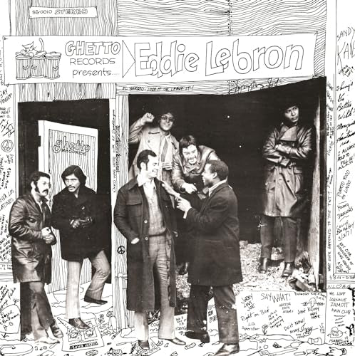 Black and white illustration of people gathered outside a record store.