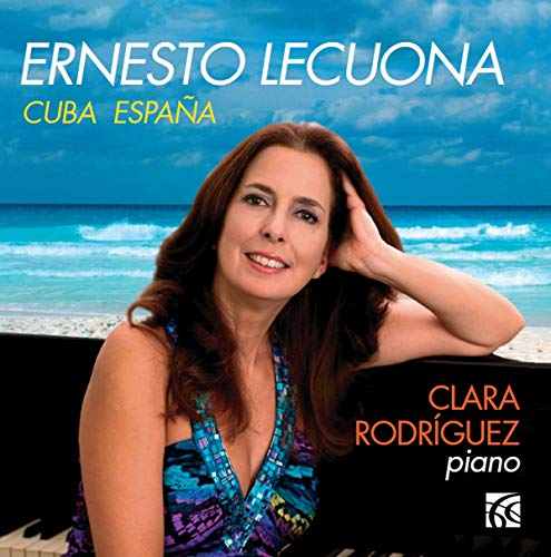 CD cover featuring Clara Rodríguez, a pianist, with a beach backdrop.
