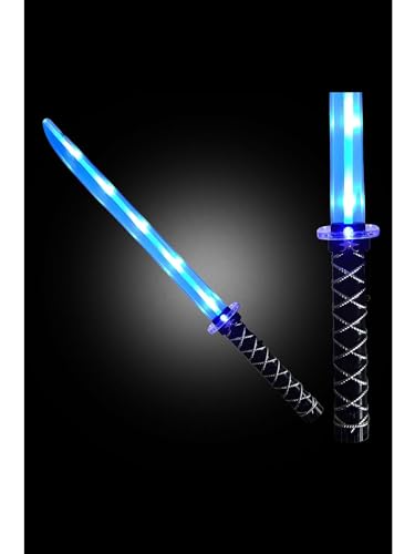 Two glowing blue LED toy ninja swords with black wrapped handles on black background.
