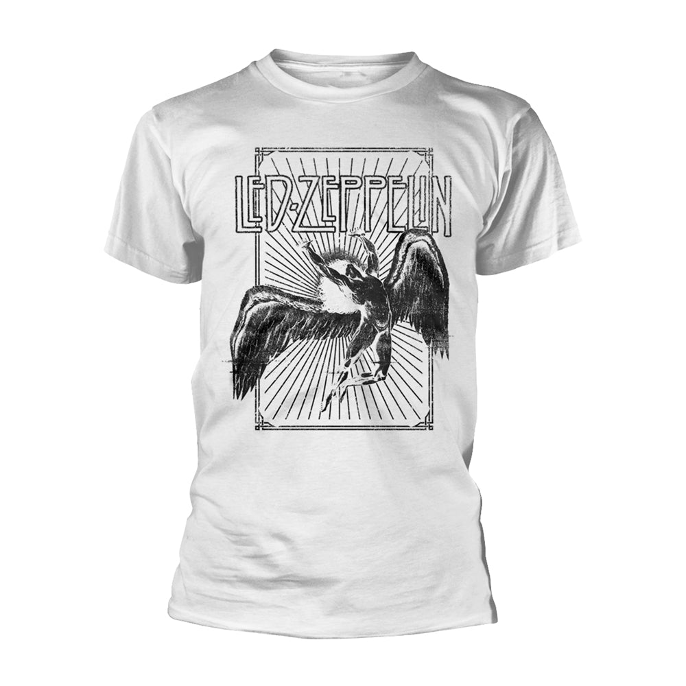 White t-shirt with black Led Zeppelin Icarus logo graphic on chest.