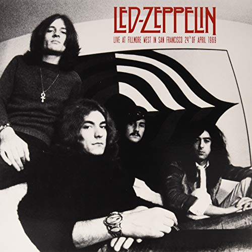 Led Zeppelin album cover featuring band members in black and white.