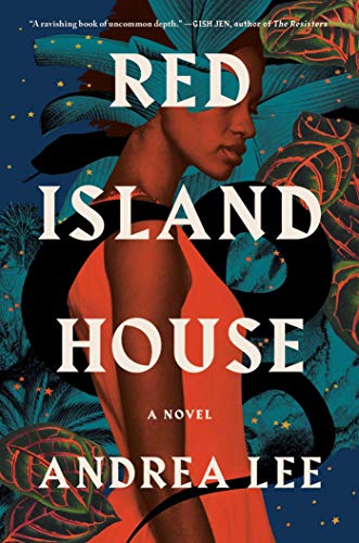 Book cover: “Red Island House” featuring a woman in orange against floral patterns.