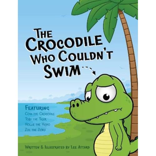 Book cover: sad green crocodile with palm tree and blue sky.