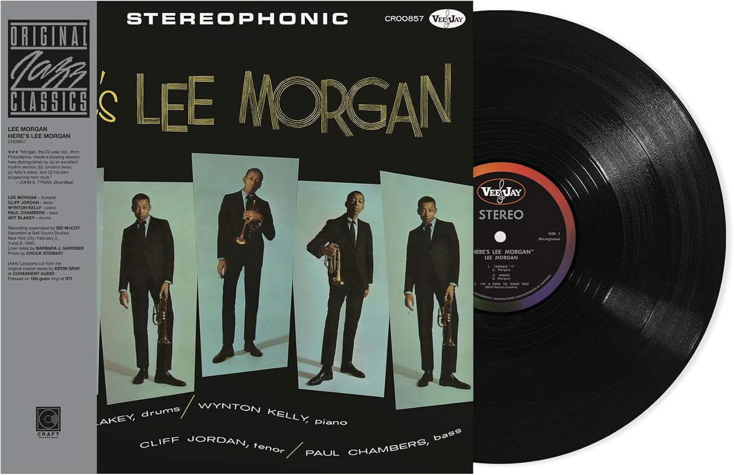 Lee Morgan Here's Lee Morgan vinyl record album cover and black vinyl record disc.