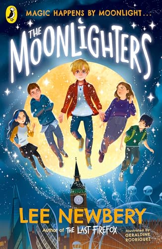Book cover: “The Moonlighters” depicts four children floating above a city.