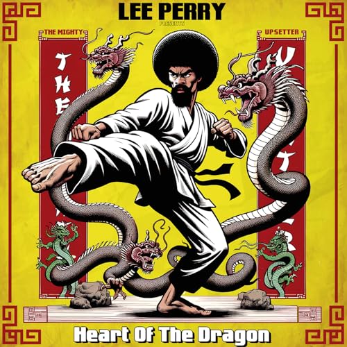 Lee Perry album cover: illustration of a man kicking with dragons.