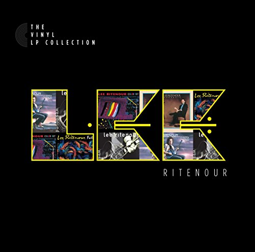 "Black background with 'LR' in yellow outlines filled with Lee Ritenour album covers."