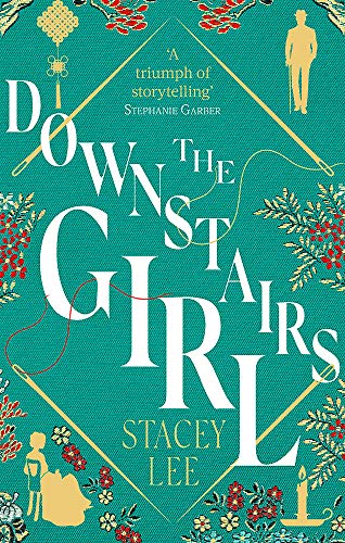 Book cover for "The Downstairs Girl" with teal background and red floral details.