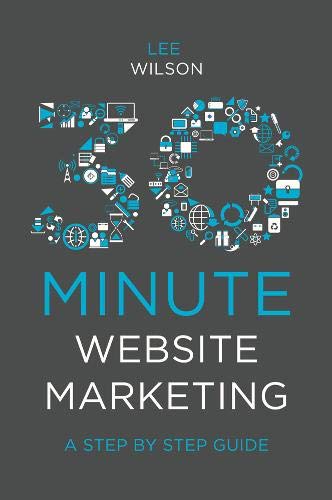 Book cover with large blue text "30 Minute Website Marketing" and digital icons.