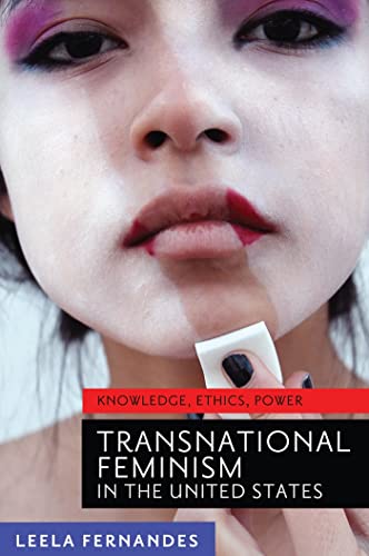 Book cover: close-up of a person holding a card with text, "Transnational Feminism.