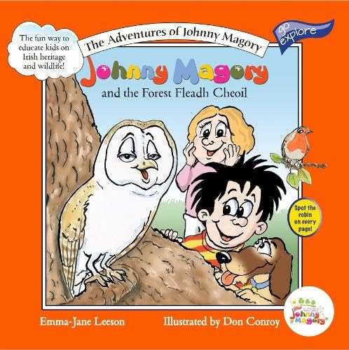 Book cover: boy, owl, robin, and dog with colorful text and orange background.