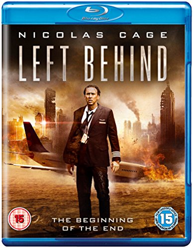 Left Behind" Blu-ray cover featuring Nicolas Cage amidst apocalyptic city ruins.
