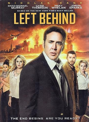 “Left Behind” DVD cover featuring Nicolas Cage and a fiery cityscape.