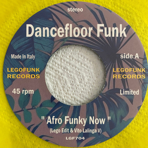Yellow vinyl record label with “Dancefloor Funk” text and palm leaf design.