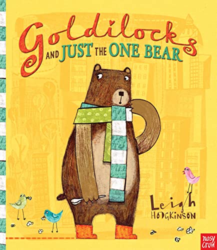 A brown bear wearing a scarf and boots stands on a yellow city background.
